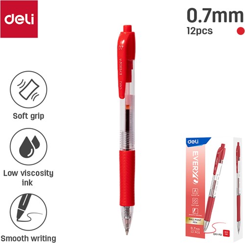 Deli EVERYU balpen met drukknop 0,7 mm rood