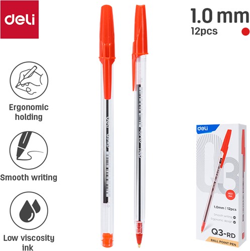 Deli balpen met dop 1,0 mm rood