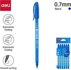Deli mini balpen met dop 0,7mm blauw blister à 6 stuks