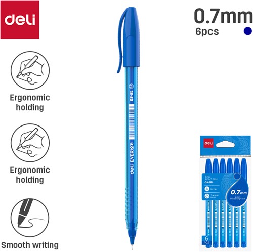 Deli mini balpen met dop 0,7mm blauw blister à 6 stuks