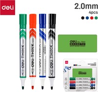Deli THINK whiteboardmarkers ronde punt 2,0mm set à 4 met wisser