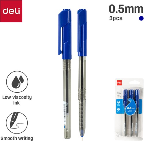 Deli mini balpen met dop 0,5mm blauw blister à 3 stuks