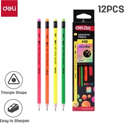 Deli UScribe potlood HB met gum 12 stuks fluo kleuren