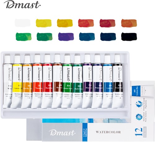 Dmast aquarelverf 12ml, aluminium tube, 12 kleuren/doos
