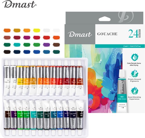 Dmast Gouache verf 12ml, aluminium tube, 24 kleuren/doos