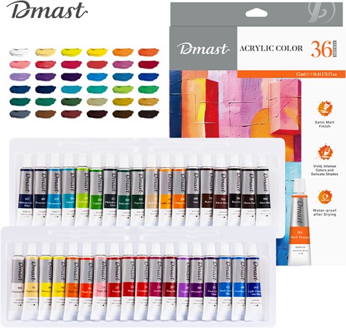 Dmast Acrylverf 12ml, aluminium tube, 36 kleuren/doos