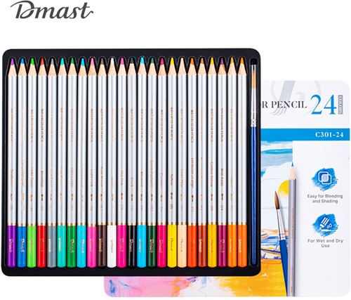 Dmast aquarelpotloden 3mm 24 kleuren in blik