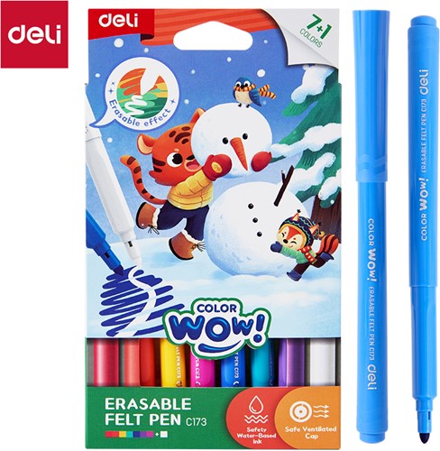 Deli Color WOW viltstiften uitgumbaar 7+1 kleuren/doos