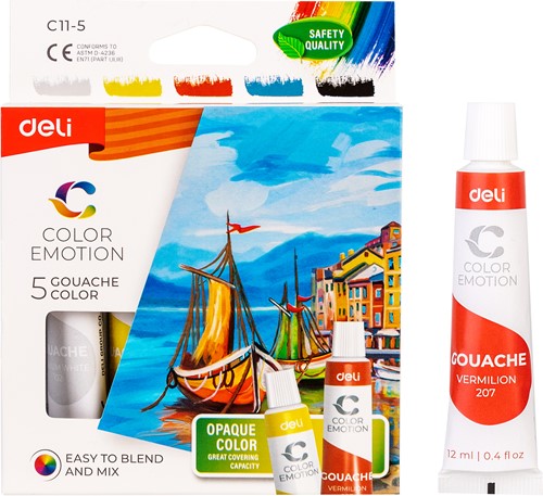 Deli Color Emotion Gouache 12ml tubes, 5 kleuren/box