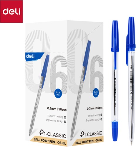 Deli balpen met dop 0,7 mm blauw transparante body-2