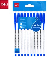 Deli balpen met dop 0,7 mm blauw blister à 10 stuks-2