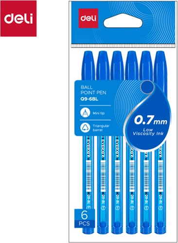 Deli mini balpen met dop 0,7mm blauw blister à 6 stuks-2