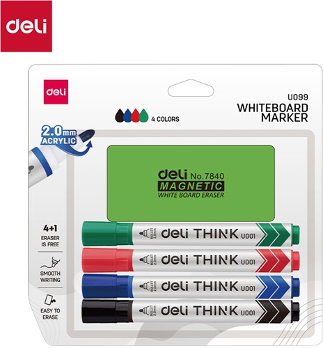 Deli THINK wisser + 4 whiteboardmarkers ronde punt 2,0mm -2