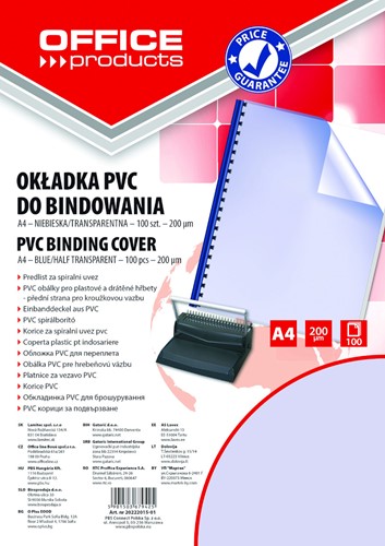 Voorblad blauw transparant, PVC, A4, 200 micr, 100 stuks
