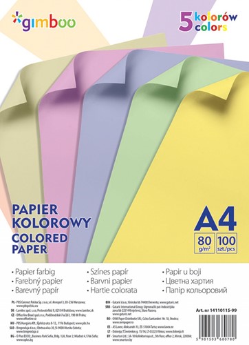Gekleurd papier A4 80 gram, 5 x 20 vel in pastel kleuren