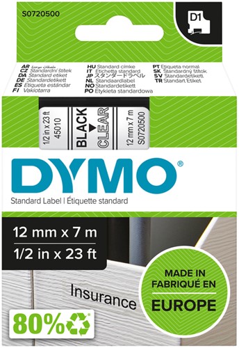 Labeltape Dymo 45010 S0720500 D1 polyester 12mmx7mm zwart op transparant