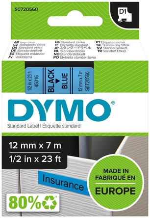 Labeltape Dymo 45016 S0720560 D1 polyester 12mmx7mm zwart op blauw