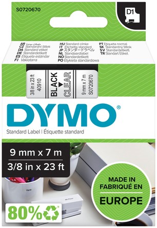 Labeltape Dymo 40910 S0720670 D1 polyester 9mmx7m zwart op transparant