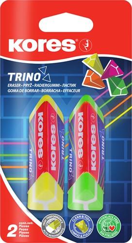 Kores gum driehoekig "TRINO" 2 neon kleuren op blister RG40523