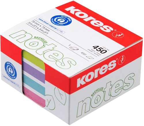 Kores sticky notes 75x75mm recycled, 450 vel, incl. 4 pastelkleuren N47463