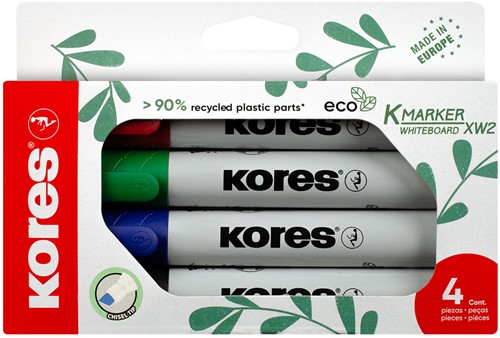 Kores whiteboard markers "ECO XW1"; 90% recycled plastic, 3mm beitel punt, Set van 4 kleuren M20744