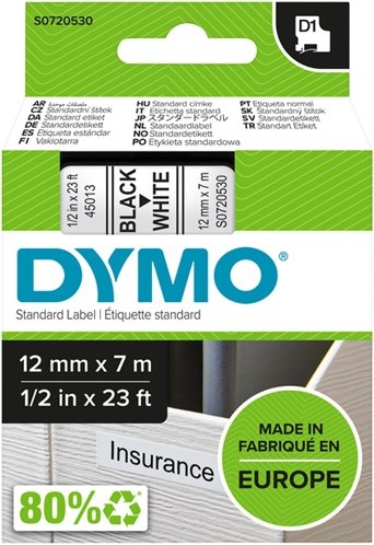 Labeltape Dymo 45013 S0720530 D1 polyester 12mmx7m zwart op wit