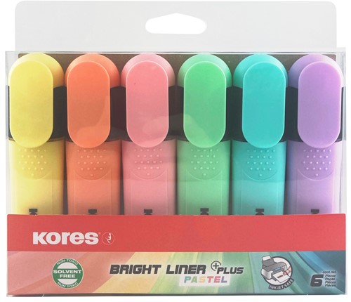 Kores markeerstift Bright Liner Plus - 0,5-5mm - assorti - 6 kleuren pastel (geel/roze/oranje/groen/blauw /rood)  TM36166-3